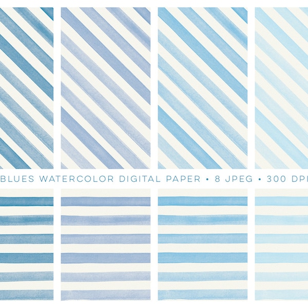 watercolor stripe digital paper, watercolor background, watercolor stripes clipart, blue watercolor, watercolor printable, watercolor paper