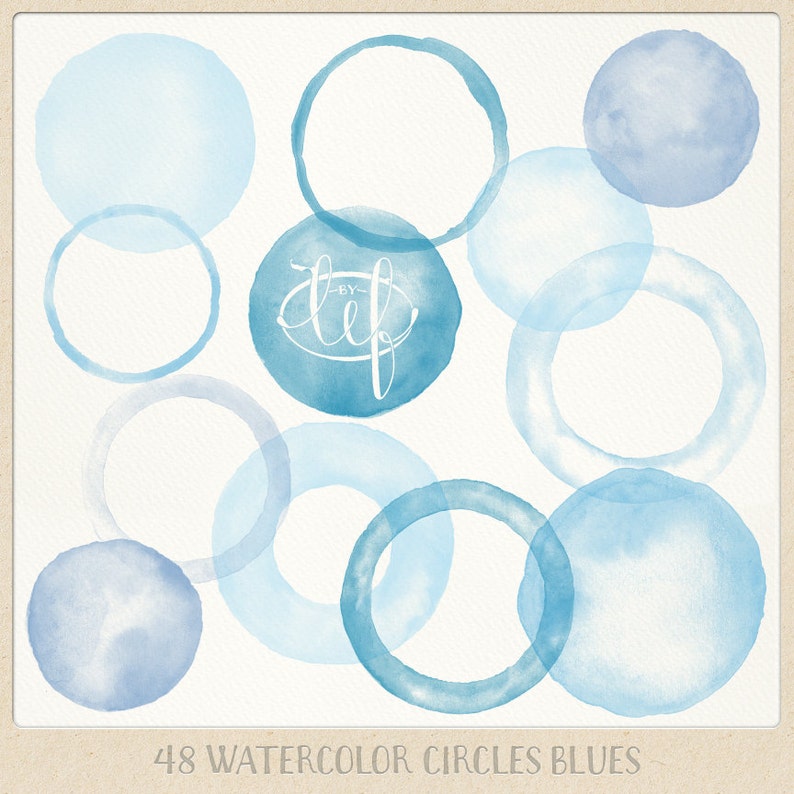 handpainted round clip art for blogs digital scrapbooking cards light blue lavender 48 pc Watercolor clipart circles borders and frames