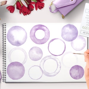 Watercolor clipart circles and frames 48 pc purple violet lavender. handpainted round clip art for blogs digital scrapbooking cards etc image 1