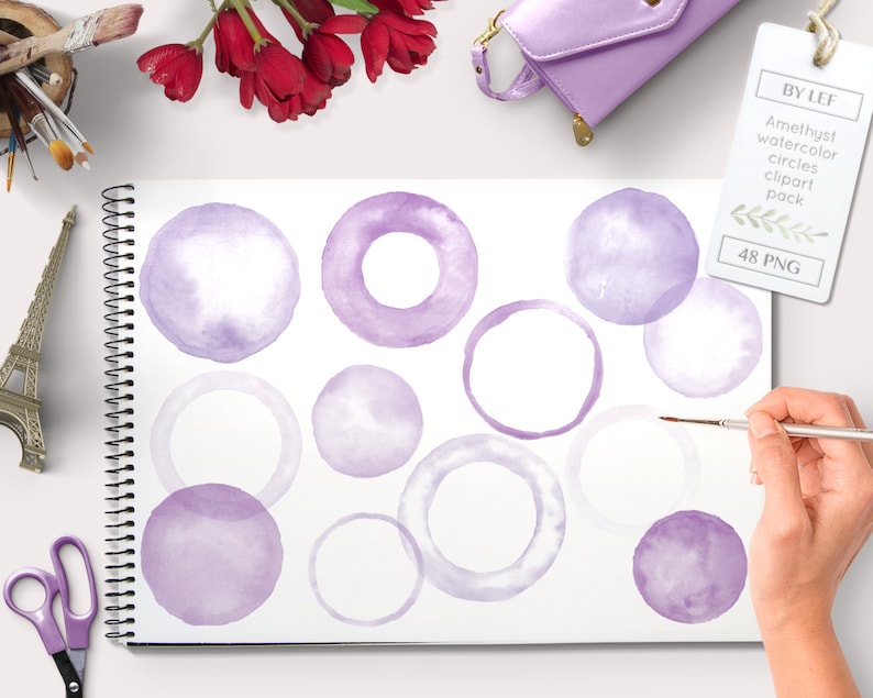 Watercolor clipart circles and frames 48 pc purple violet lavender. handpainted round clip art for blogs digital scrapbooking cards etc image 1