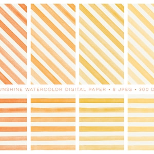 Puede incluir: Conjunto de ocho patrones de papel digital en estilo acuarela. Los patrones presentan rayas y rayas diagonales en tonos de naranja, amarillo y blanco.