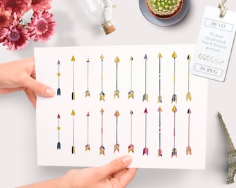 Clipart Arrows Set 2 Hand Drawn Pink, Grey Yellow tribal arrow clip art for logo and other graphic design, invitations, and card making