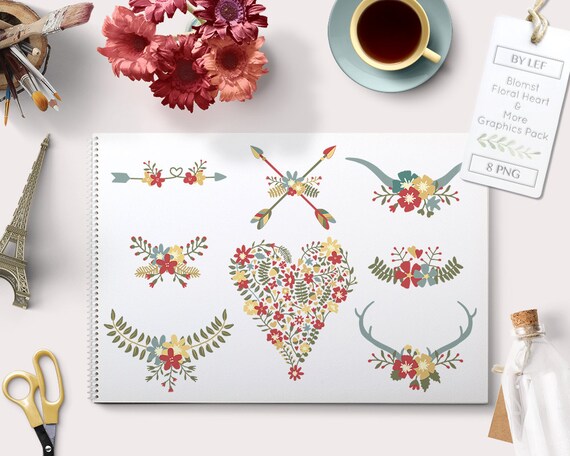 Flower ClipArt Flower Heart Love Antlers Wreaths Arrows and | Etsy