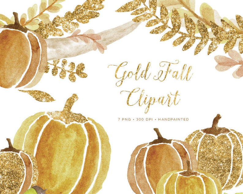 gold fall clipart, watercolor fall clipart, pumpkin clipart, halloween clipart, flower fall graphics, autumn clipart, autumn graphics, image 2