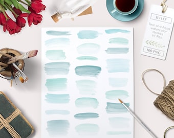 Watercolor clipart strokes banners (100 pc) mint teal aqua blue turquoise. hand painted overlays logo design blogs cards printables wall art