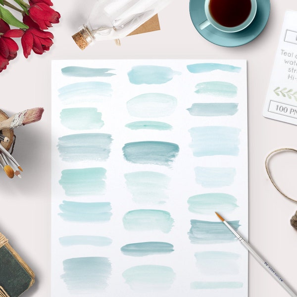 Watercolor clipart strokes banners (100 pc) mint teal aqua blue turquoise. hand painted overlays logo design blogs cards printables wall art