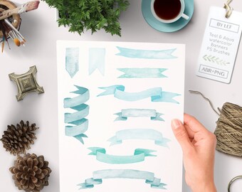 May include: Watercolor banners in shades of teal and aqua are displayed on a white background. The image shows various banner designs, including ribbons and tags. The text on the tag reads "Teal & Aqua Watercolor Banners PS Brushes ABR+PNG".