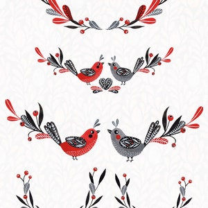 May include: A set of digital illustrations featuring red and gray birds with black and white patterns, surrounded by wreaths of black branches with red berries. The illustrations are perfect for creating invitations, cards, and other paper crafts.