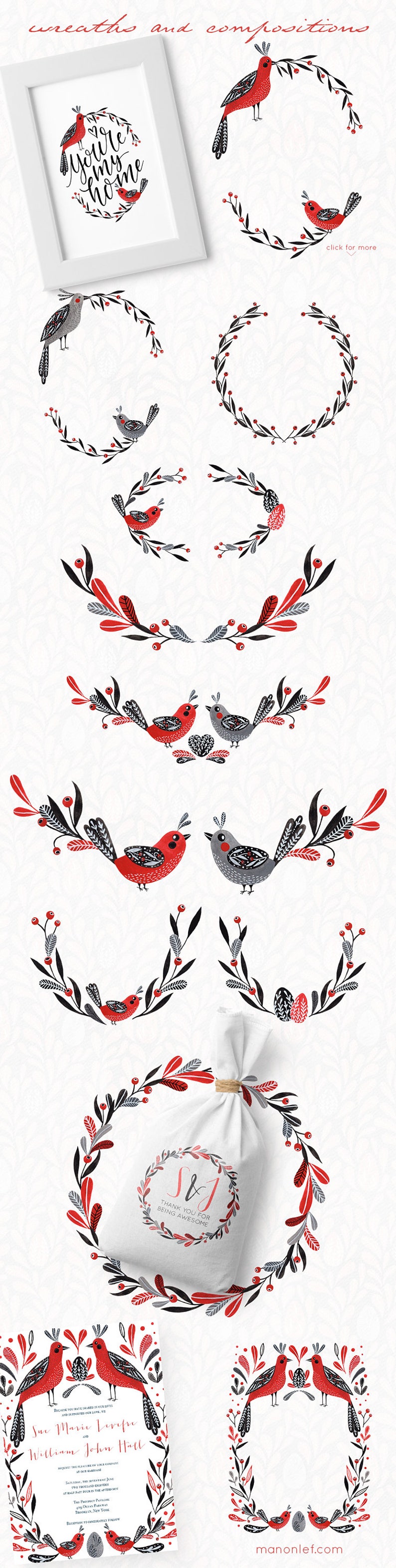 May include: A set of digital illustrations featuring red and gray birds with black and white patterns, surrounded by wreaths of black branches with red berries. The illustrations are perfect for creating invitations, cards, and other paper crafts.