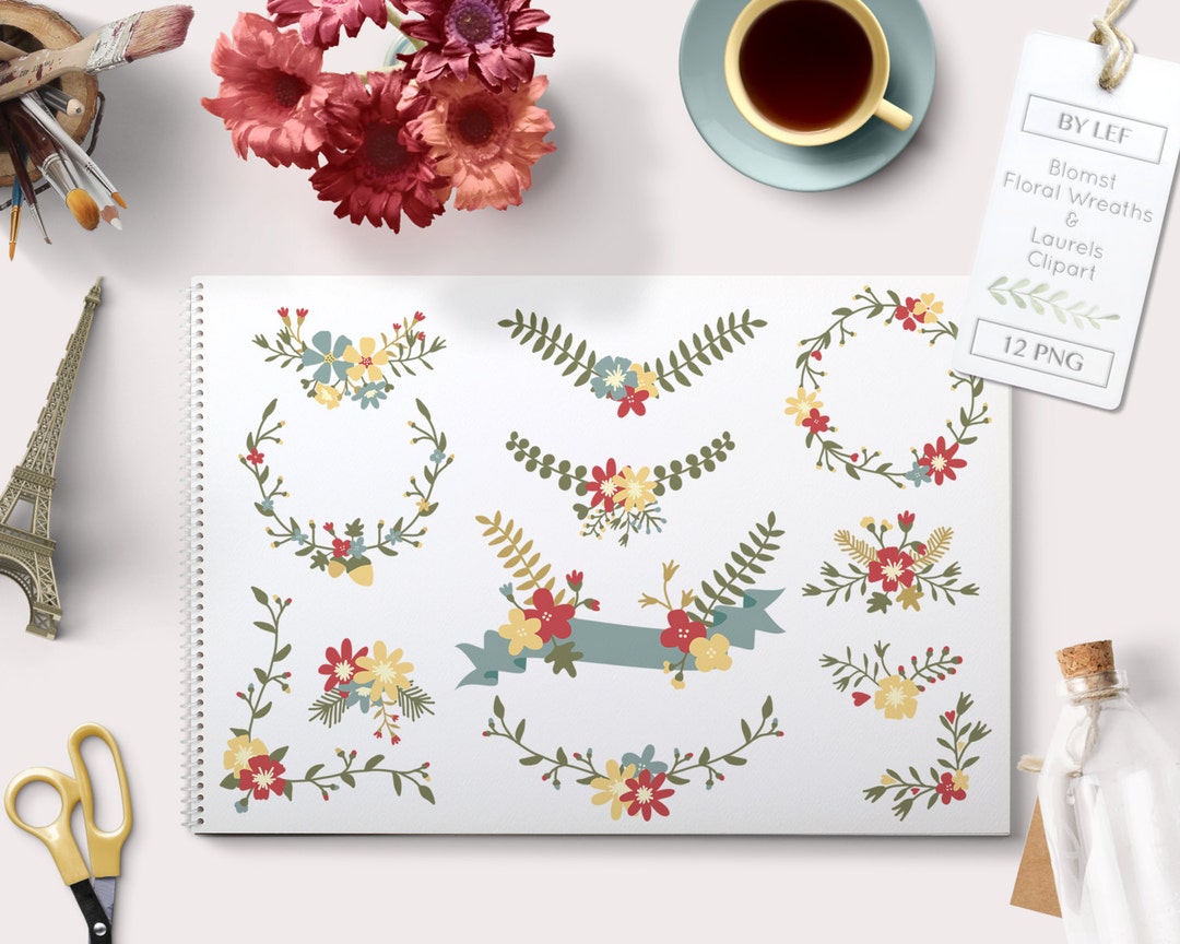 Hand Drawn Flower Clip Art Flower Wreaths and Laurels and a Etsy