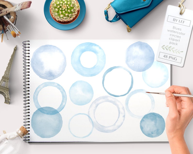 handpainted round clip art for blogs digital scrapbooking cards light blue lavender 48 pc Watercolor clipart circles borders and frames