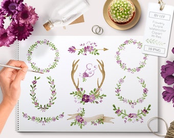 watercolor floral clipart, watercolor wreath clipart, laurel clipart, wedding clipart, floral clipart, watercolor floral clipart