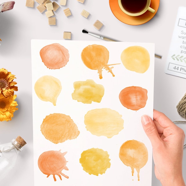 Watercolor clipart circles (44 pc) orange yellow saffron tangerine. hand painted for logo design, blogs making cards printables wall art etc