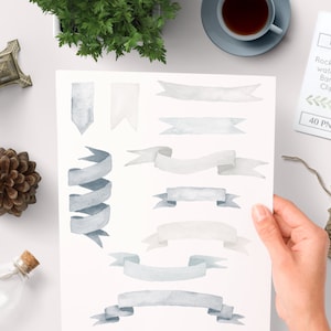 Watercolor clipart banner ribbons (40 pc) beige and greyish blue naturals hand painted for logo design, blogs, cards printables wall art etc