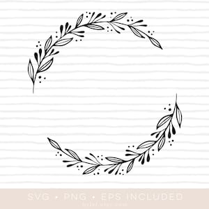 Peut inclure: Une couronne florale noire et blanche avec un style simple et dessiné à la main. La couronne est composée de feuilles et de petits points.
