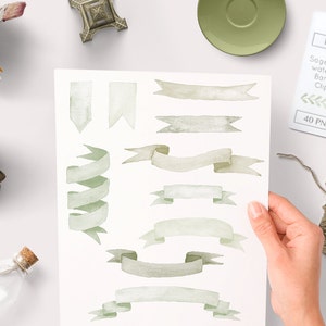 aquarel banners clipart, groene aquarel clipart, lint clipart, handgeschilderde graphics, label clipart, aquarel labels clipart
