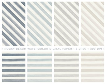 Digital Scrapbooking Paper Pack Watercolor Neutrals Stripes. Grey, Beige, Natural graphics for backgrounds, card making, DIY invitations.