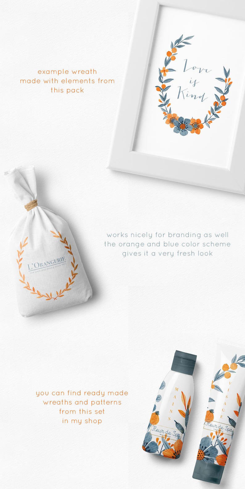 May include: A set of watercolor floral illustrations featuring orange and blue flowers, leaves, and branches. The illustrations are perfect for creating wreaths, patterns, and branding designs. The text "Love is Kind" is featured in a wreath.
