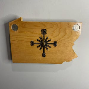 Pennsylvania state quarter clock. Handmade. Clock can be made of pine, red cedar, oak, cherry, and black walnut woods.