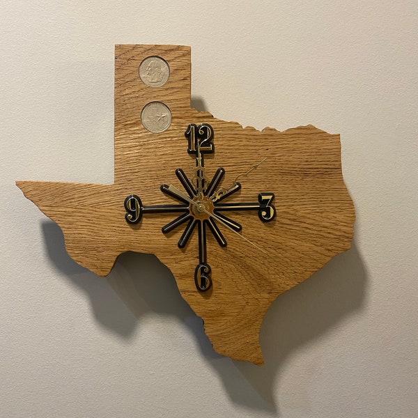 Texas State Quarter Clock. Handmade. Clocks can be made of pine, red cedar, oak, cherry and black walnut.