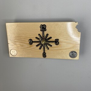 Kansas State Quarter Clock. Handmade. Clock is solid pine. Can also be made of pine, red cedar, oak, cherry, and black walnut