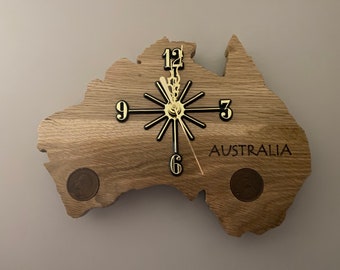 Australia Wood Clock with Kangaroo Pennies Inlaid. Choice of Wood. Laser Engraved. Customizable