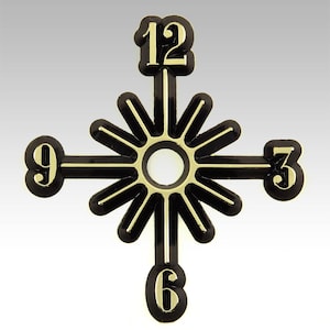 May include: A black and gold clock face with the numbers 12, 3, 6, and 9. The clock face has a sunburst design with a central white circle. The numbers and the sunburst details are gold.
