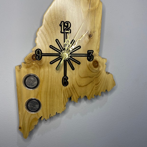 Maine State Quarter Clock. Handmade. Clocks can be made of red cedar, pine, oak, cherry, and black walnut.