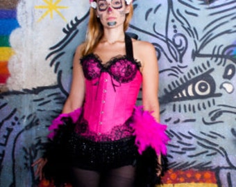 NICHOLE Pink & Black Burlesque Costume Corset dress for Steampunk prom party w/ feather train