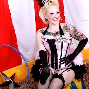 COTTON CANDY Pink Stripe Burlesque Dress Halloween w/ feather train Circus Costume with Beaded Fringe