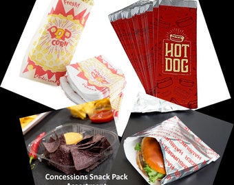 Concession Supplies - 25 each of Hot dog bag, hamburger bag, nacho tray and popcorn bags, movie night, carnival, circus party, sports party