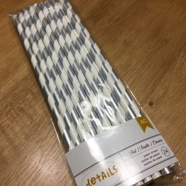 Silver foil straws, silver stripe straws, paper straws, wedding straws, silver anniversary straws, baby shower straws, silver paper straws,