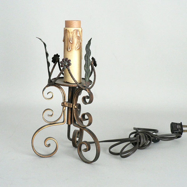 Small Floral Tole  Lamp With Single Candelabra