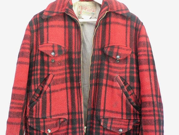 1940s red buffalo plaid wool hunting jacket Size … - image 1