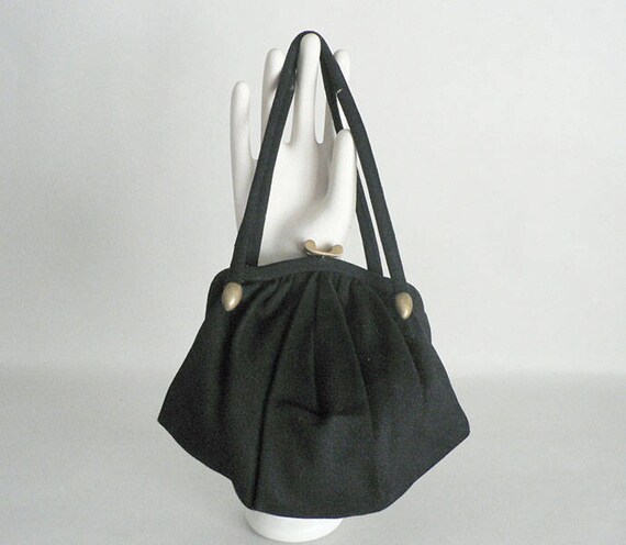 1940s Black Small Wool Rushed Top Handle Purse - image 1