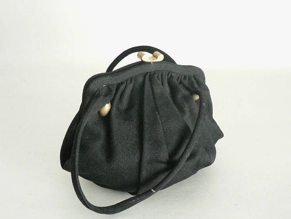 1940s Black Small Wool Rushed Top Handle Purse - image 6