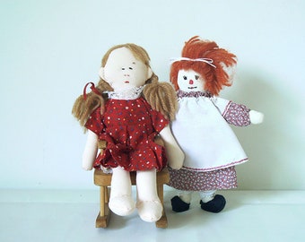 Small Vintage Cloth Rag Dolls and Rocking Chair