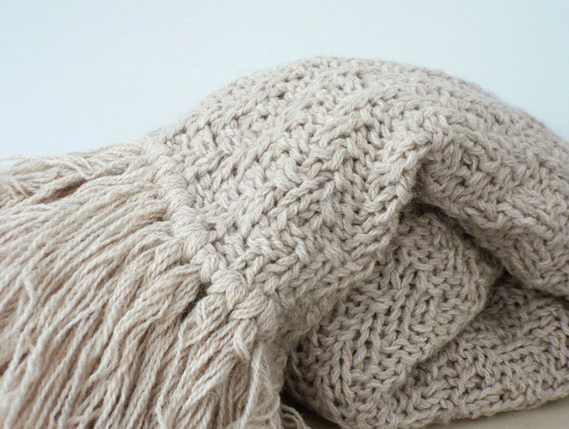 Knit Beige Wool Textured Throw Blanket 87 X 59 Inches Etsy
