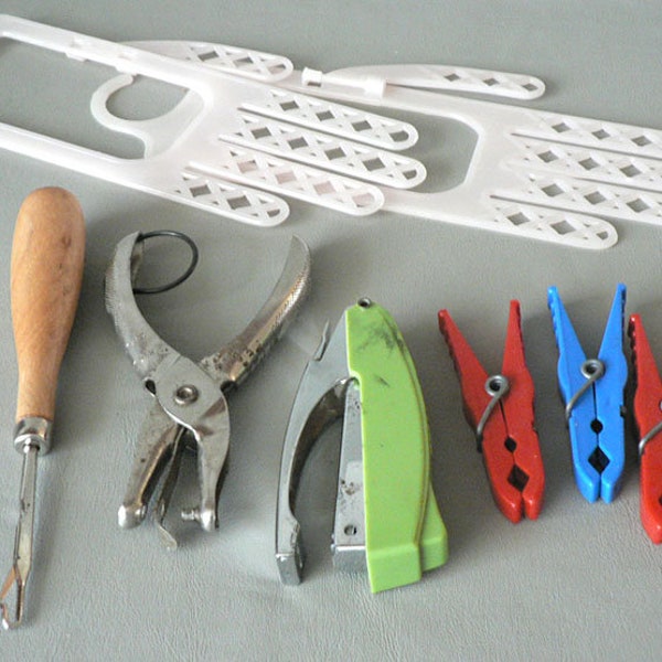 Latch Hook, Stapler, Plastic Clothes Pins, Hole Punch, Glove Form