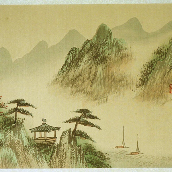 3 Antike chinesische Seide Aquarell Gemälde Landschaft Fluss Berg Original Kunst