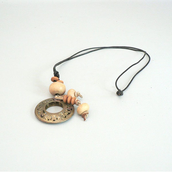 Long Brass Pendant Necklace With Wood Beads