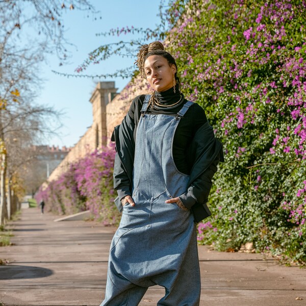 Mono denim/Peto unisex/Pantalons à jambes basses et poches latérales/Mono avec bretelles réglables/Pantalon Harem/Peto urban/Overalls.