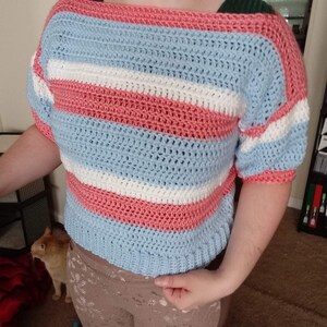 Striped Short Sleeve Crochet Sweater Pastel