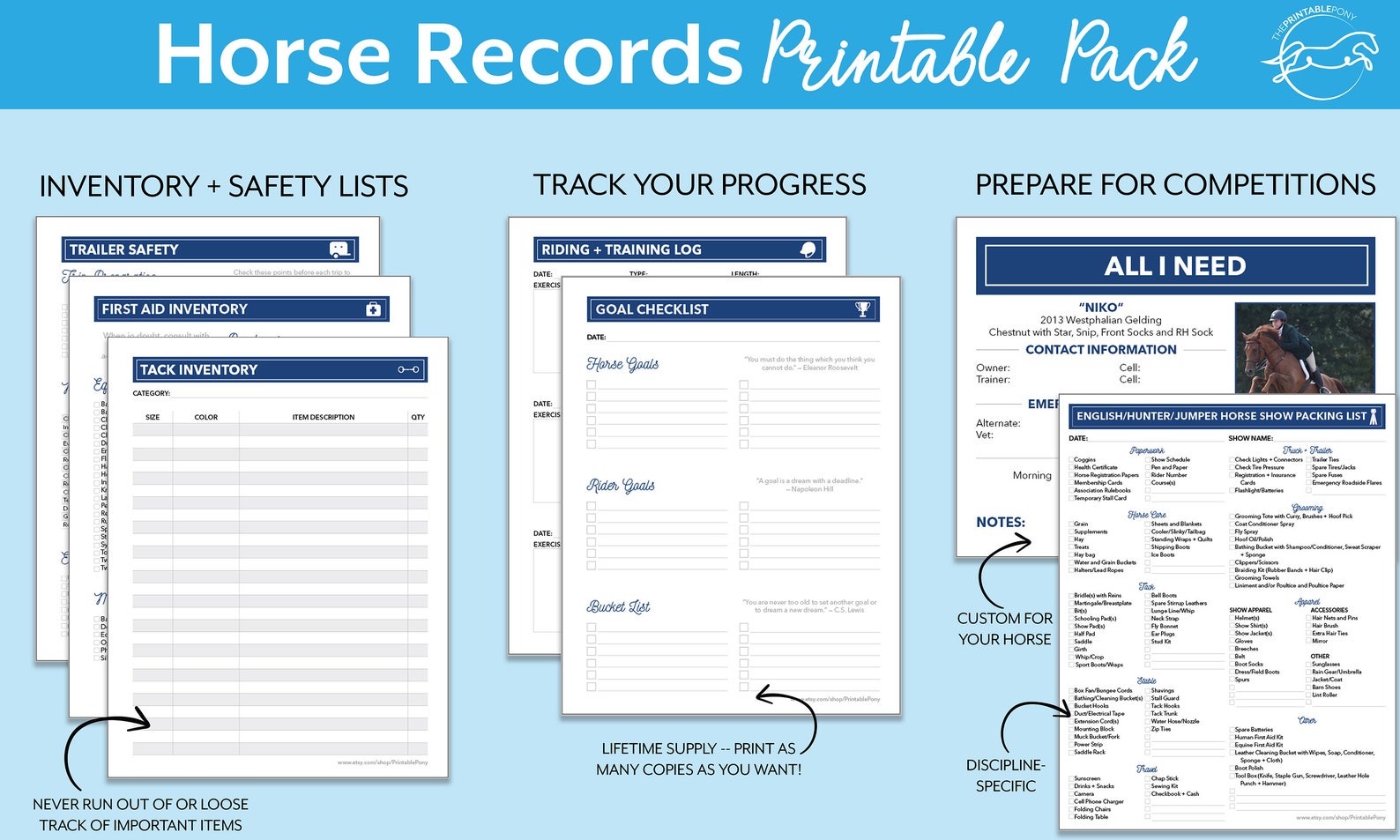 Horse Records Printable Pack Personalized Digital Download - Etsy