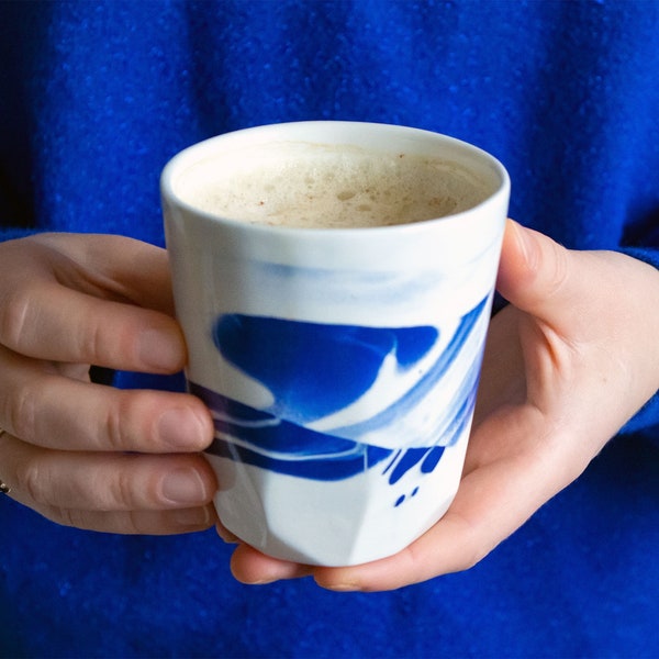 Handmade porcelain marble cup | sapphire/Cobalt blue ceramic mug for coffee or tea | unique christmas gift | geometric fairtrade present