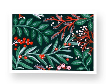 Botanische kerstkaart, natuurlijke winter wenskaart, geillustreerde ansichtkaarten, winter bloemen illustratie, nieuwjaarskaart 2024