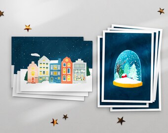 Ensemble de 10 cartes de Noël illustrées avec des maisons de canal et une boule à neige, une illustration de maisons d'hiver confortables, des vœux de bonne année 2024