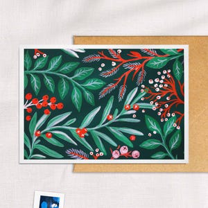 Carte de Noël botanique unique avec illustration de baies d'hiver - carte de vœux d'hiver naturelle - ensemble de cartes illustrées du Nouvel An