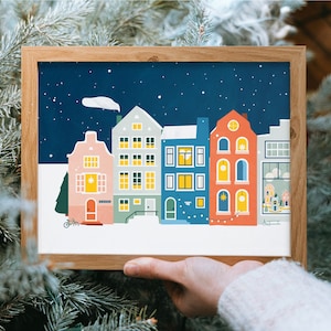 Acogedor estampado de arte con ilustración de casas de canal, alegre cartel de invierno A5, decoración de pared ilustrada, regalo sostenible hecho a mano