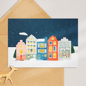 El canal alberga una tarjeta de Navidad, una postal de feliz año nuevo, una acogedora calle de invierno, una ilustración de nieve en Ámsterdam
